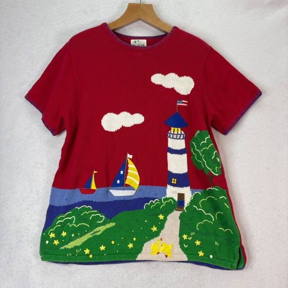 The Quacker Factory Sweaters - The Quacker Factory Women's Red Lighthouse Sailboat Coastal Knit Top XL Ducks